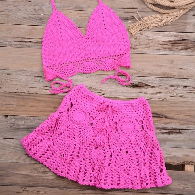 Women's Handmade Crochet Halter 2 Piece Bikini Set Beachwear