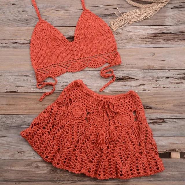 Women's Handmade Crochet Halter 2 Piece Bikini Set Beachwear