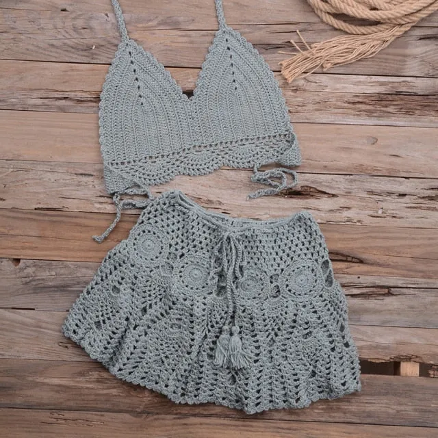 Women's Handmade Crochet Halter 2 Piece Bikini Set Beachwear