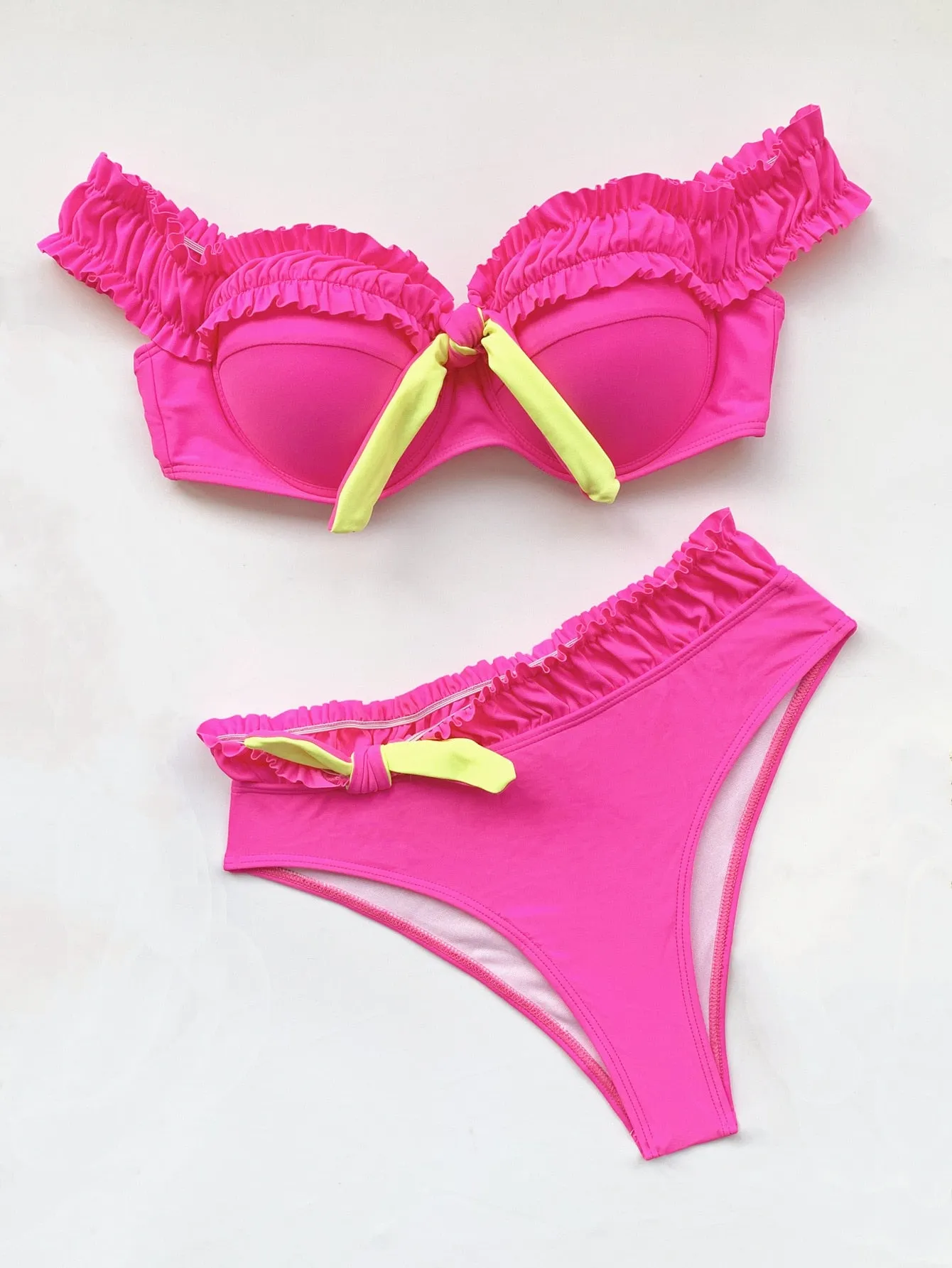 Women's Sexy Solid Color Polyester Ruffled High Waist Swimwear Bikini Set