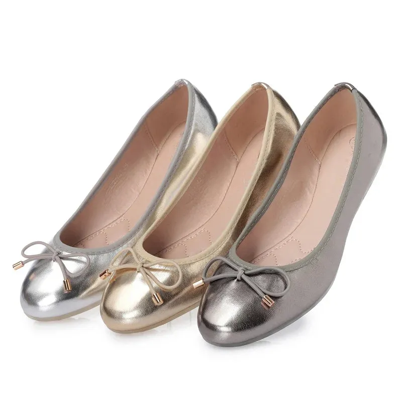 Women's Summer Synthetic Leather Bowknot Ballerina Slip-on Flat Shoes