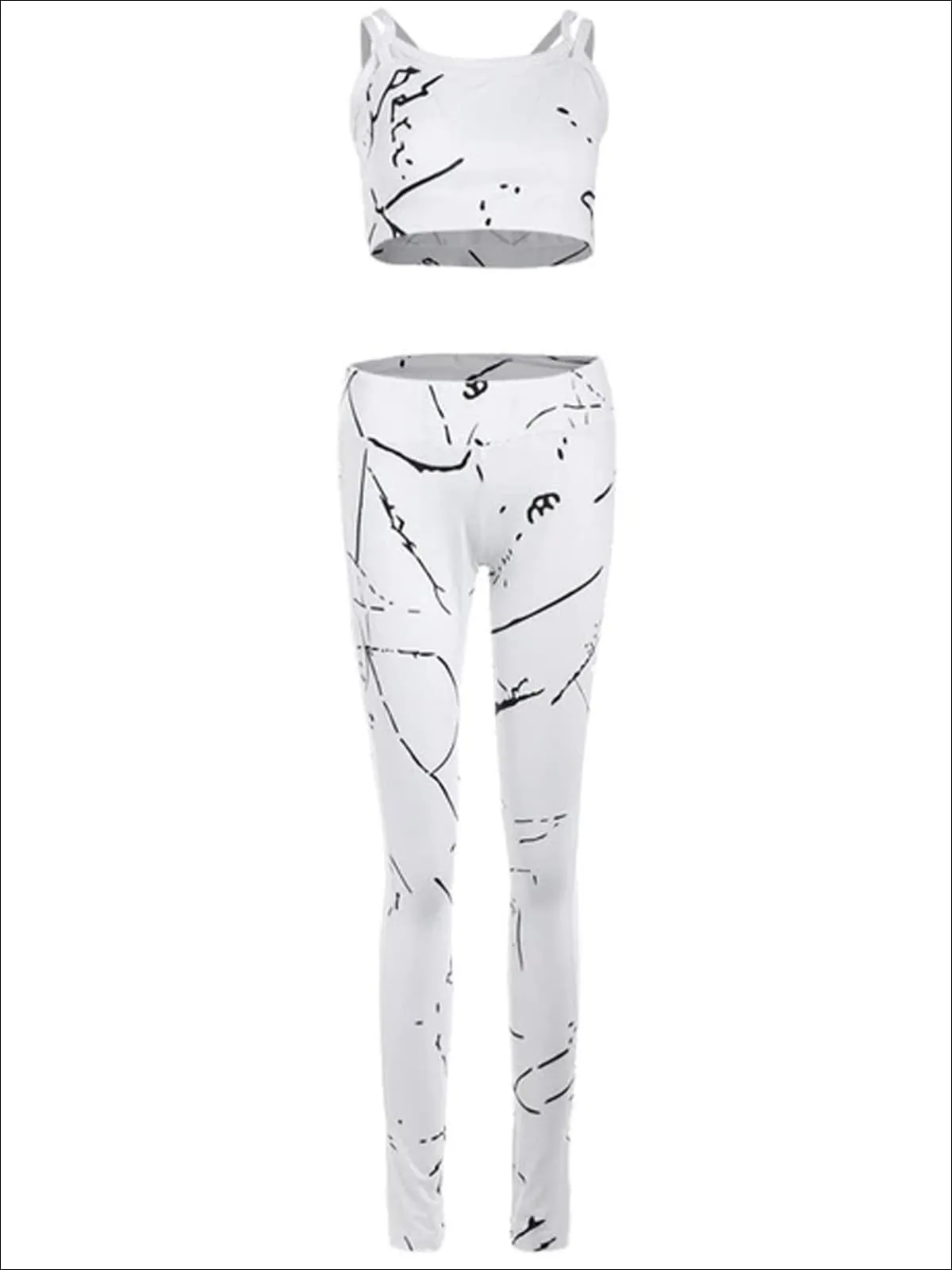 Women's White Marble Print Mesh Panel Activewear Set