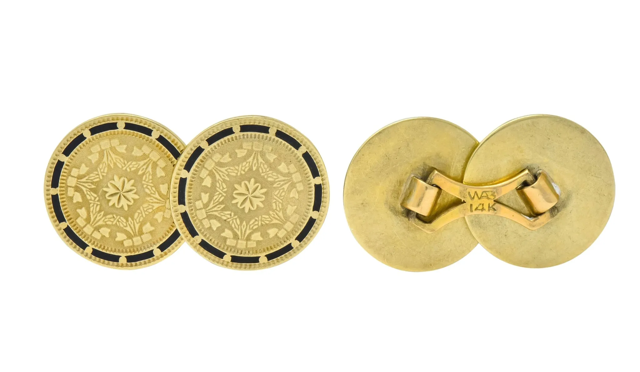 Wordley, Allsop & Bliss Enamel 14 Karat Gold Disk Men's Deco Cufflinks