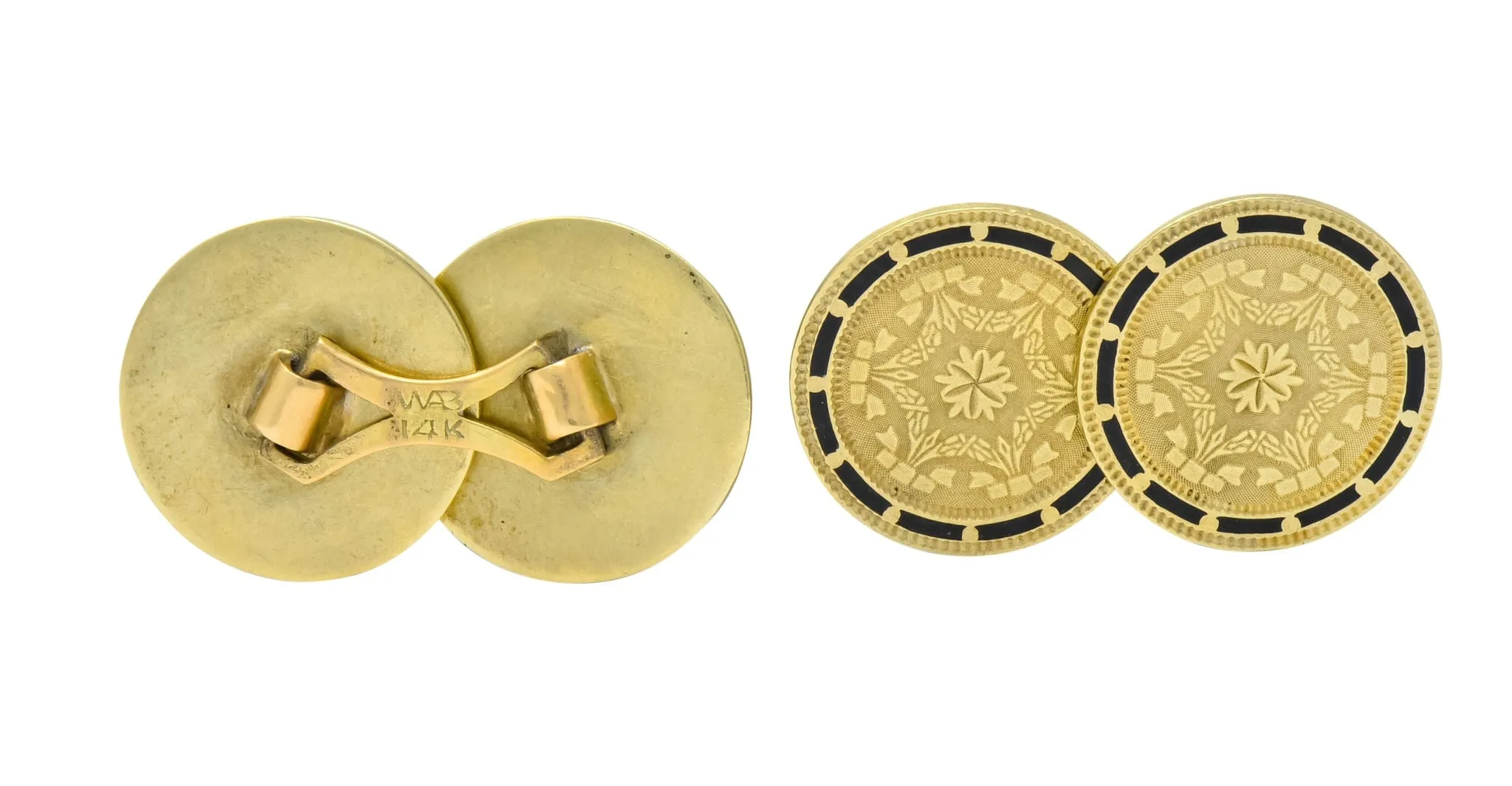 Wordley, Allsop & Bliss Enamel 14 Karat Gold Disk Men's Deco Cufflinks