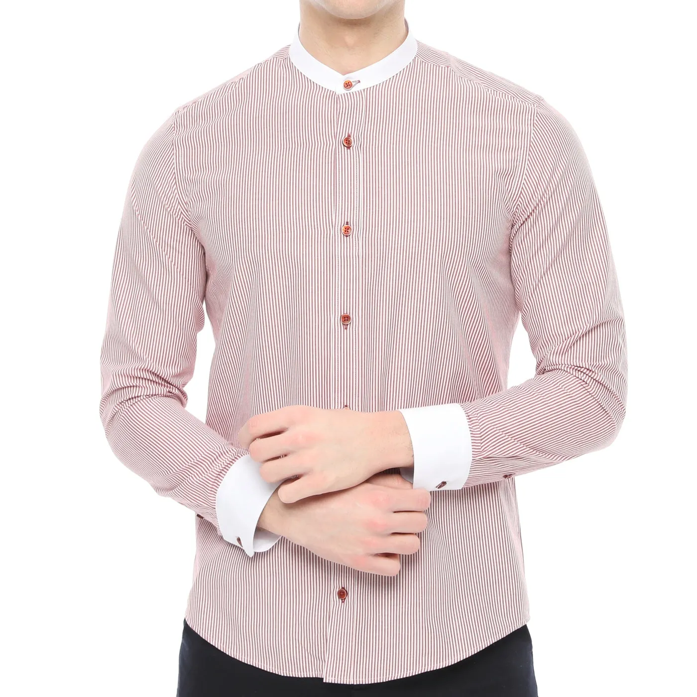 Xact Mens White Collar Striped Grandad Shirt - Long Sleeved