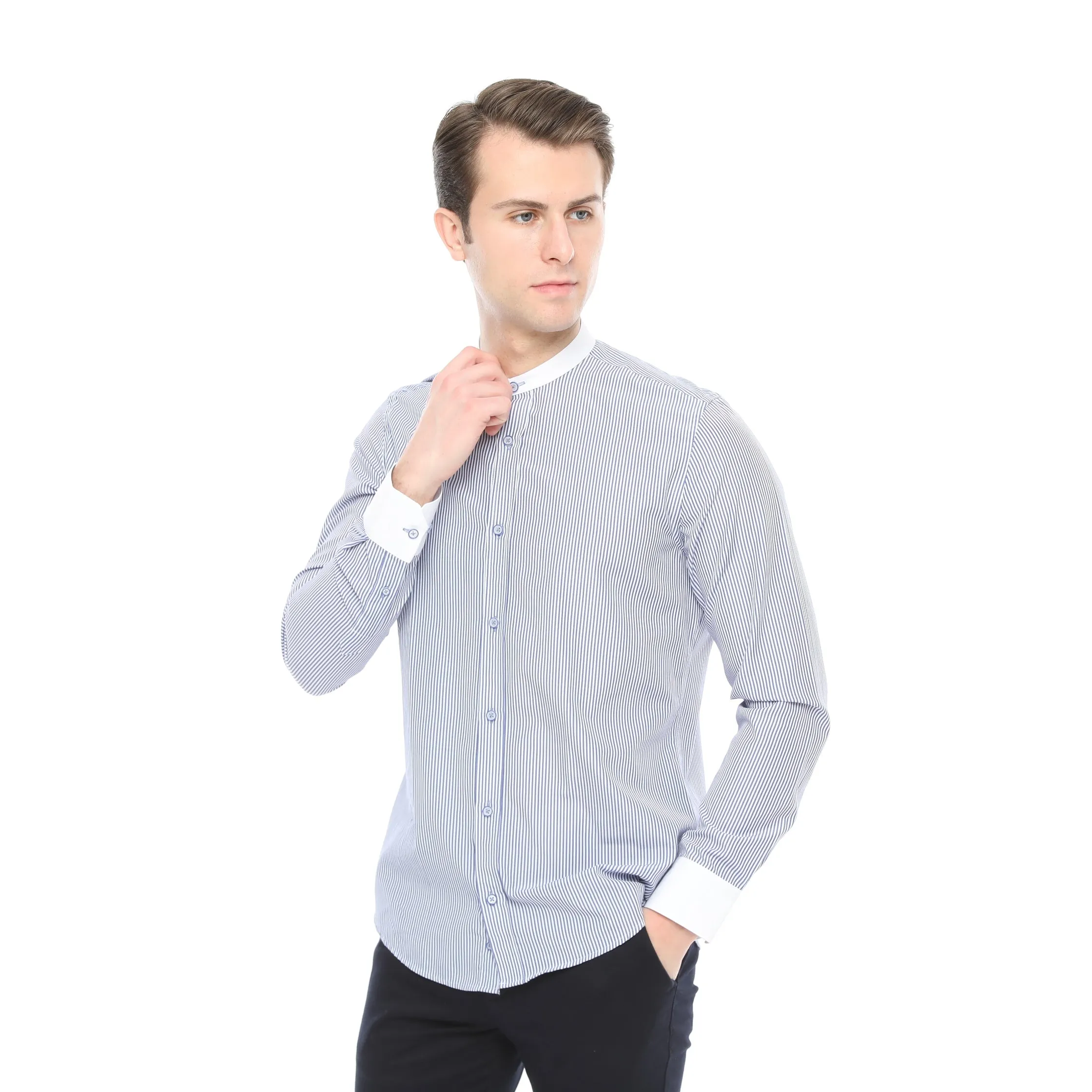 Xact Mens White Collar Striped Grandad Shirt - Long Sleeved