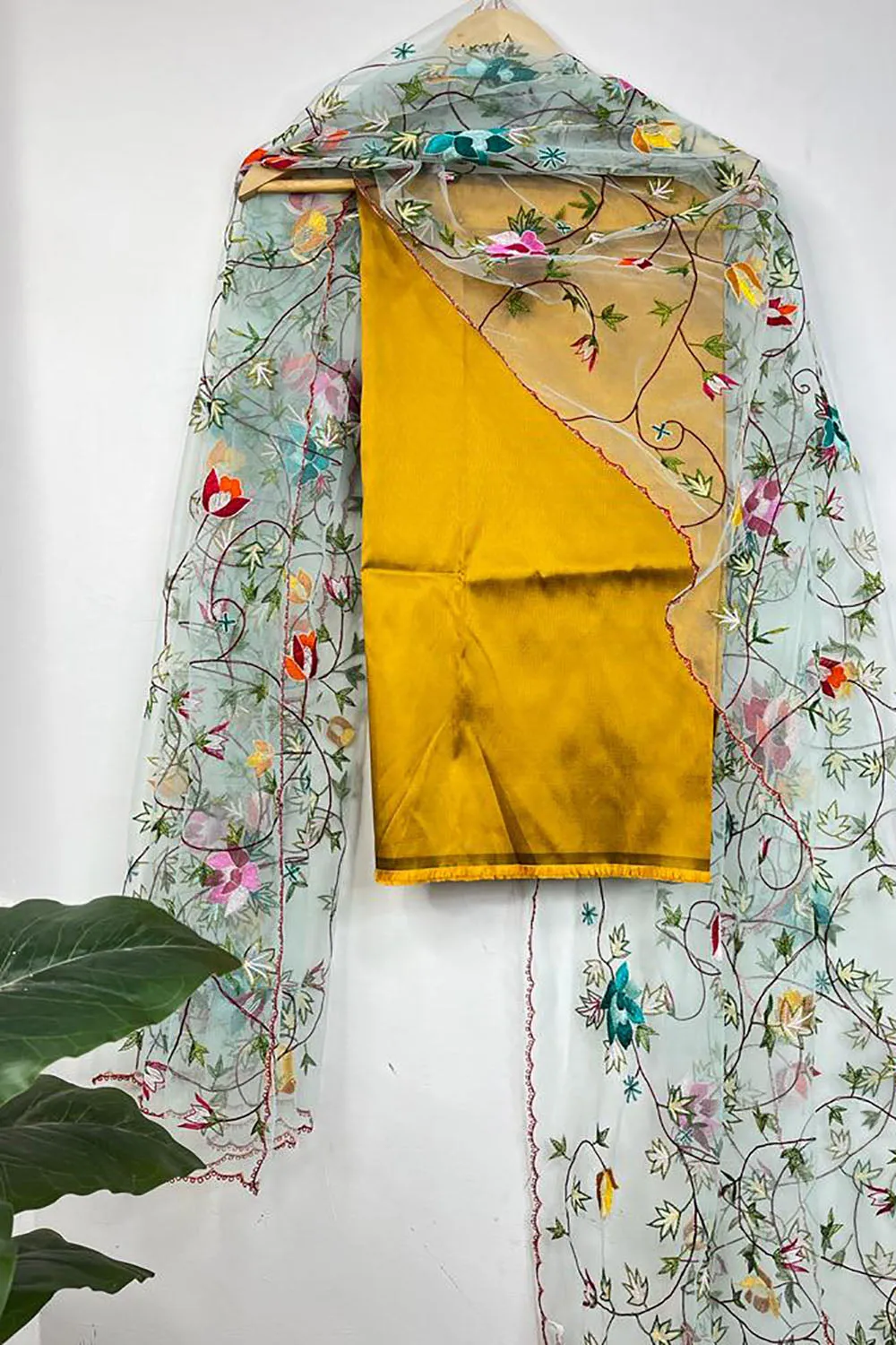 Yellow Pure Silk Three Piece Unstitched Suit Set With Parsi Embroidered Convent Work Net Dupatta