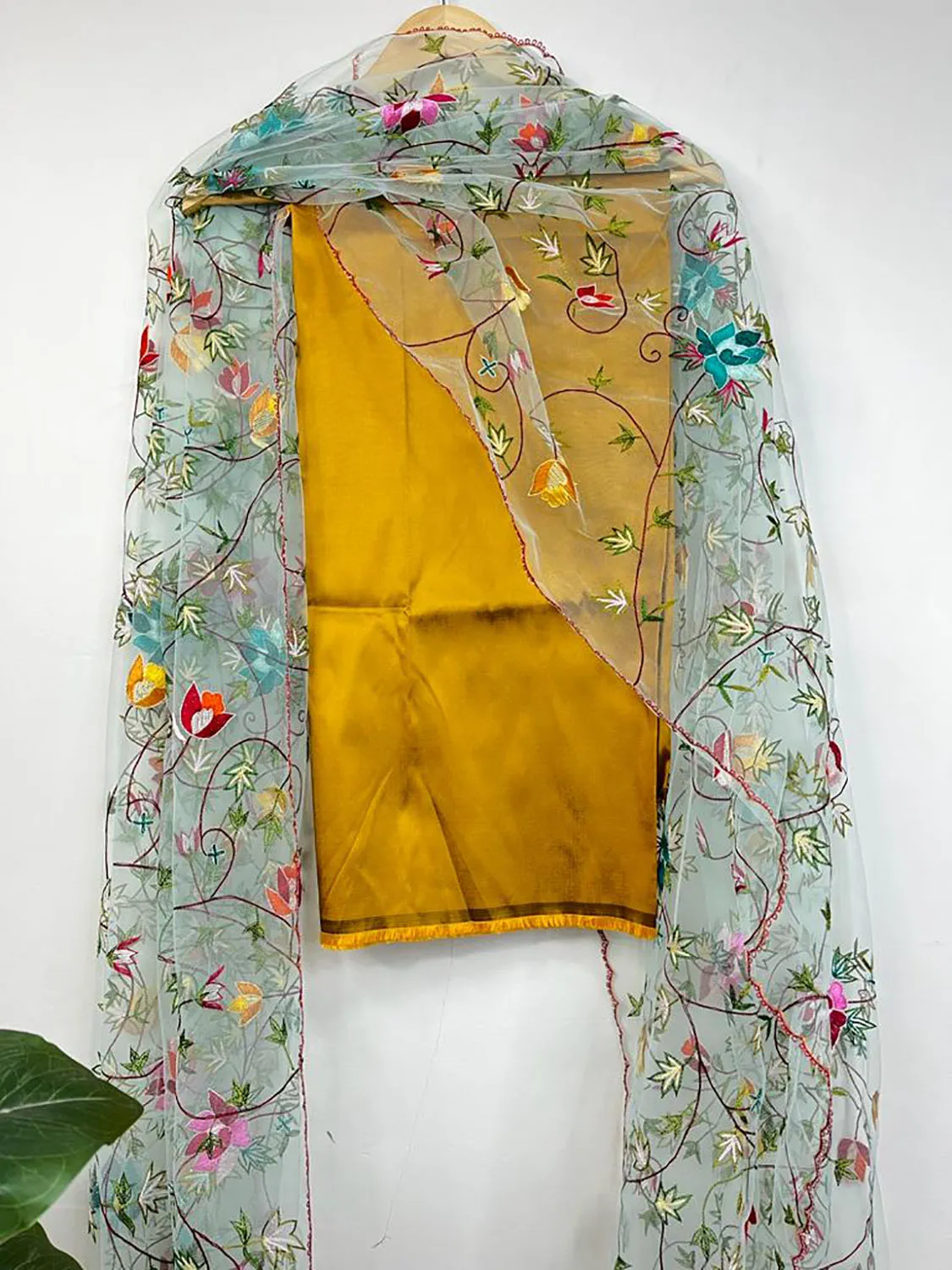 Yellow Pure Silk Three Piece Unstitched Suit Set With Parsi Embroidered Convent Work Net Dupatta